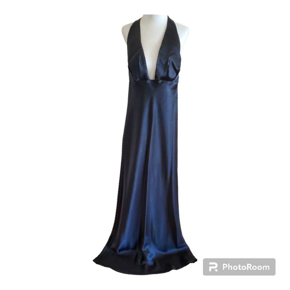 Black Satin Plunging Neckline Prom Evening Gown Dress sz S/M